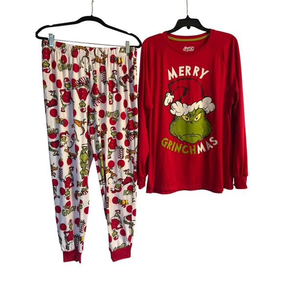 VGUC The Grinch Red Pajama Set Christmas Dr. Seuss Top L(42-44) Bottoms L(35-38) - Picture 1 of 6